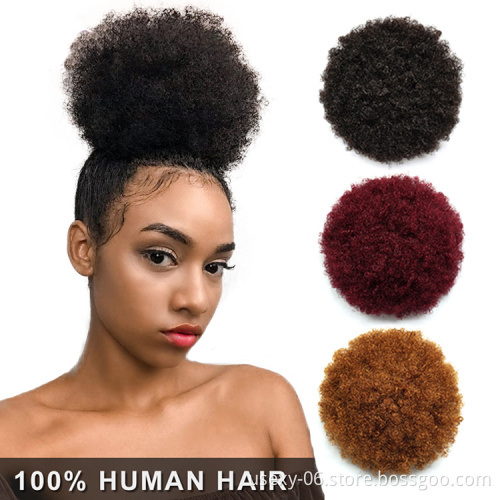 Afro Puff Curly Hair Drawstring Ponytail Raw Indian Human Hair Bun Elastic Band Ponytail Hair Extensions
